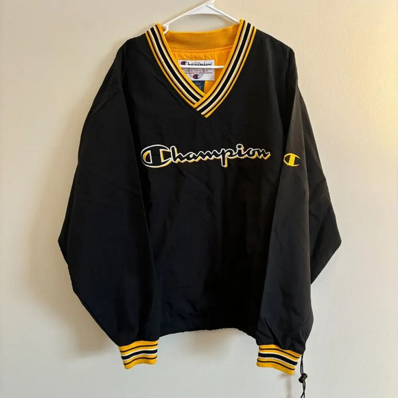 VTG Y2K Champion Windbreaker Sweatshirt Black and Yellow Logo - Mens Size Large - Picture 1 of 10